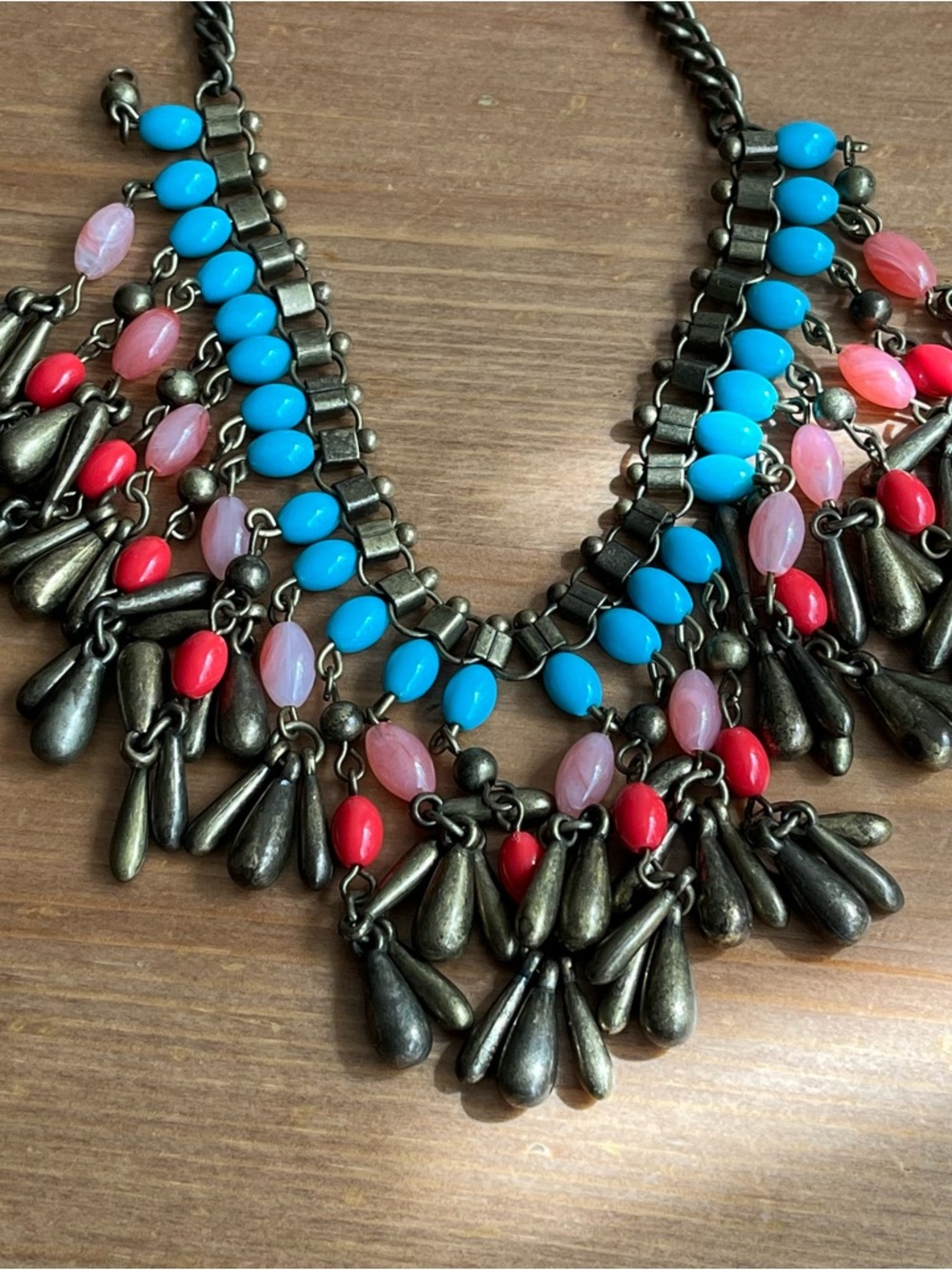 Antique-style brass beaded statement necklace with boho-style dangling charms - Picture 7 of 8